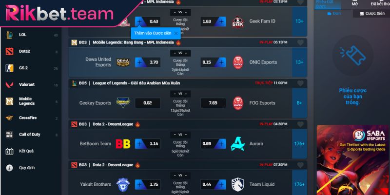 Saba Sports Rikbet - Khám Phá Sảnh Thể Thao Đỉnh Cao 3 Thể thao điện tử tại Saba Sports Rikbet